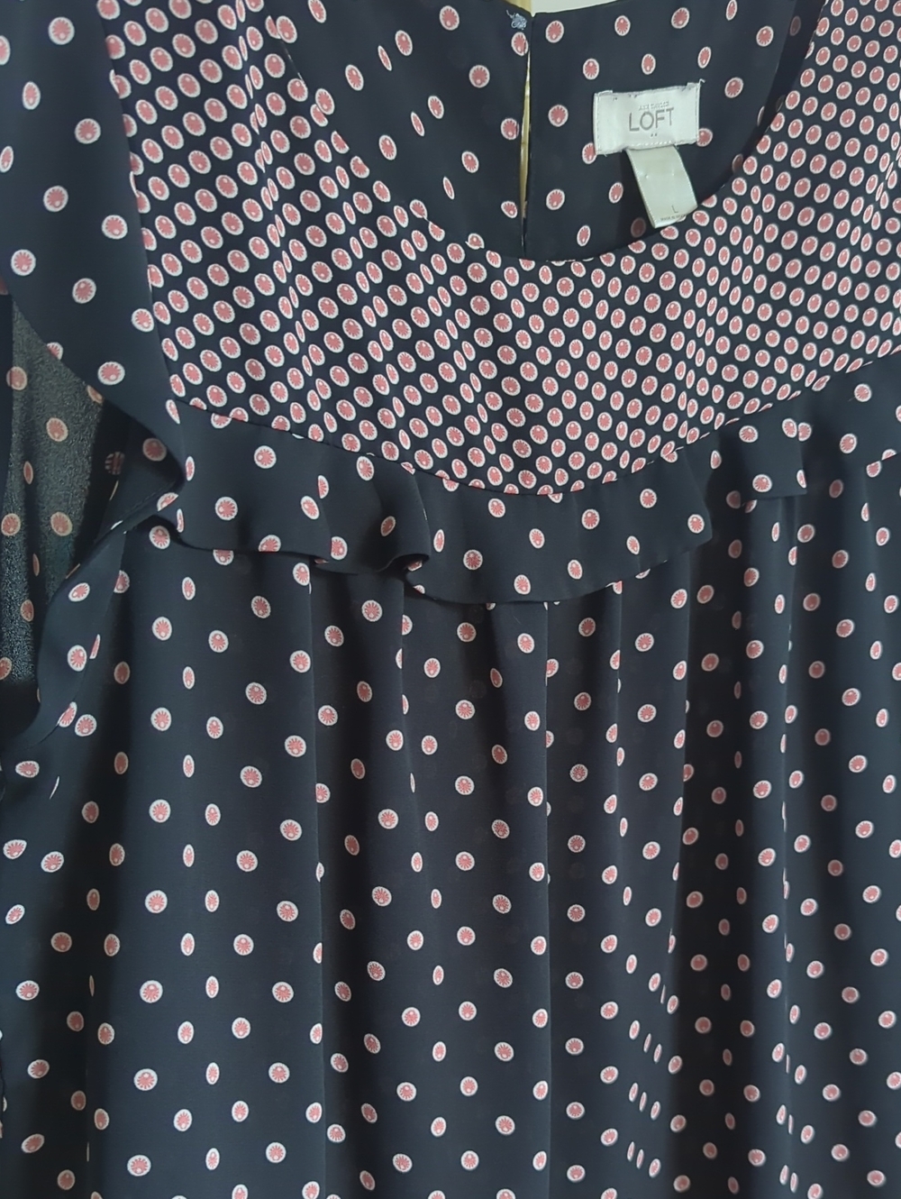 LOFT Navy Tunic with Pink Polka Dot Ruffle Yoke Large